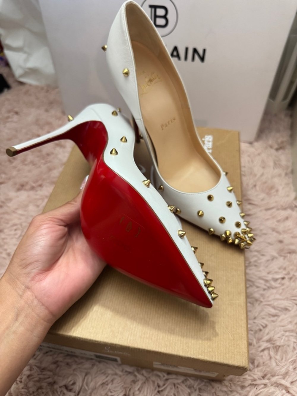Christian Louboutin White Leather Spike-Embellished Pointed Toe Pumps - Picture 2 of 3